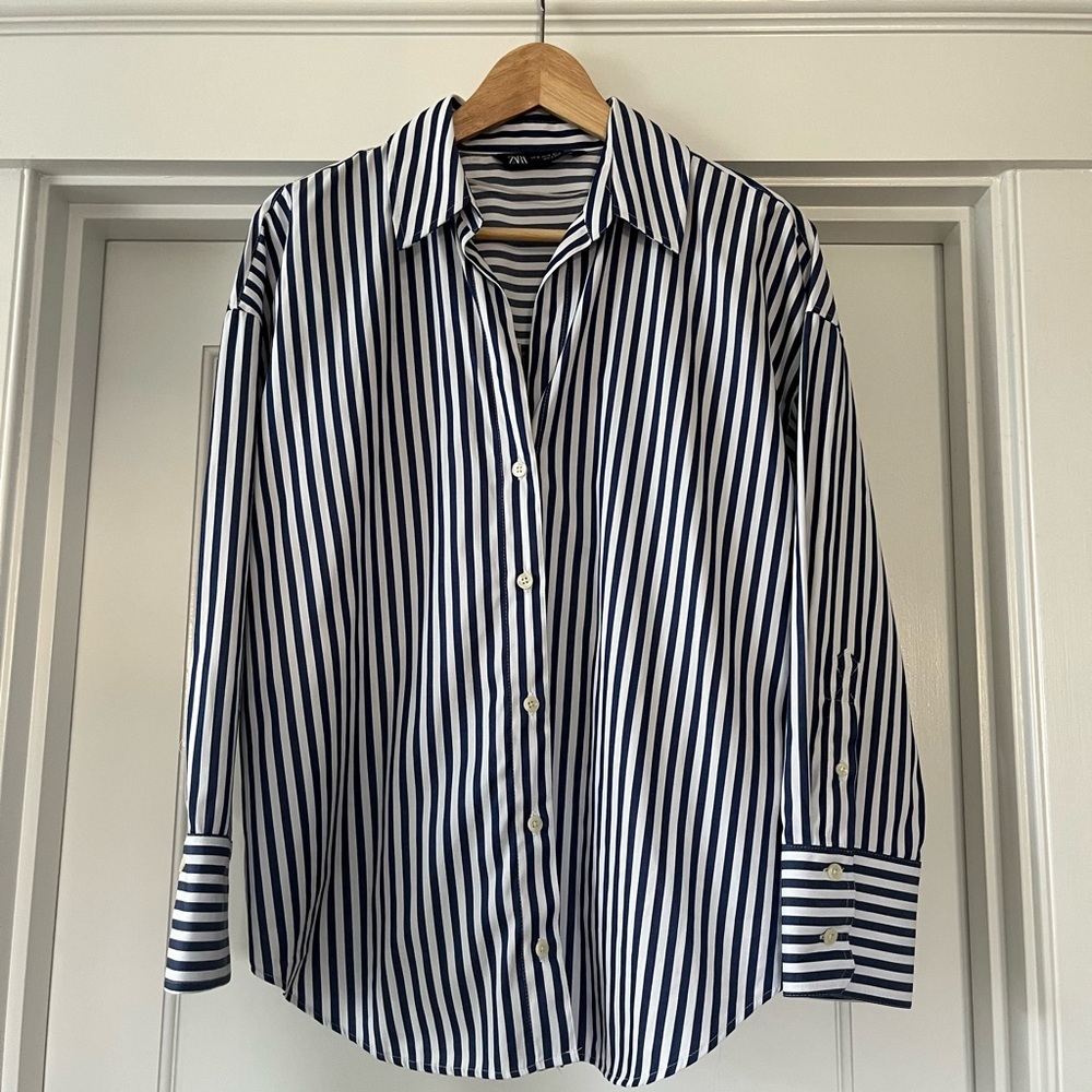 ZARA Classic Navy and White Striped oversized women’s Shirt, XS